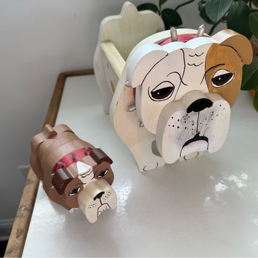 Handcrafted Bulldog Wooden Planter and Figurine Set - White and Brown